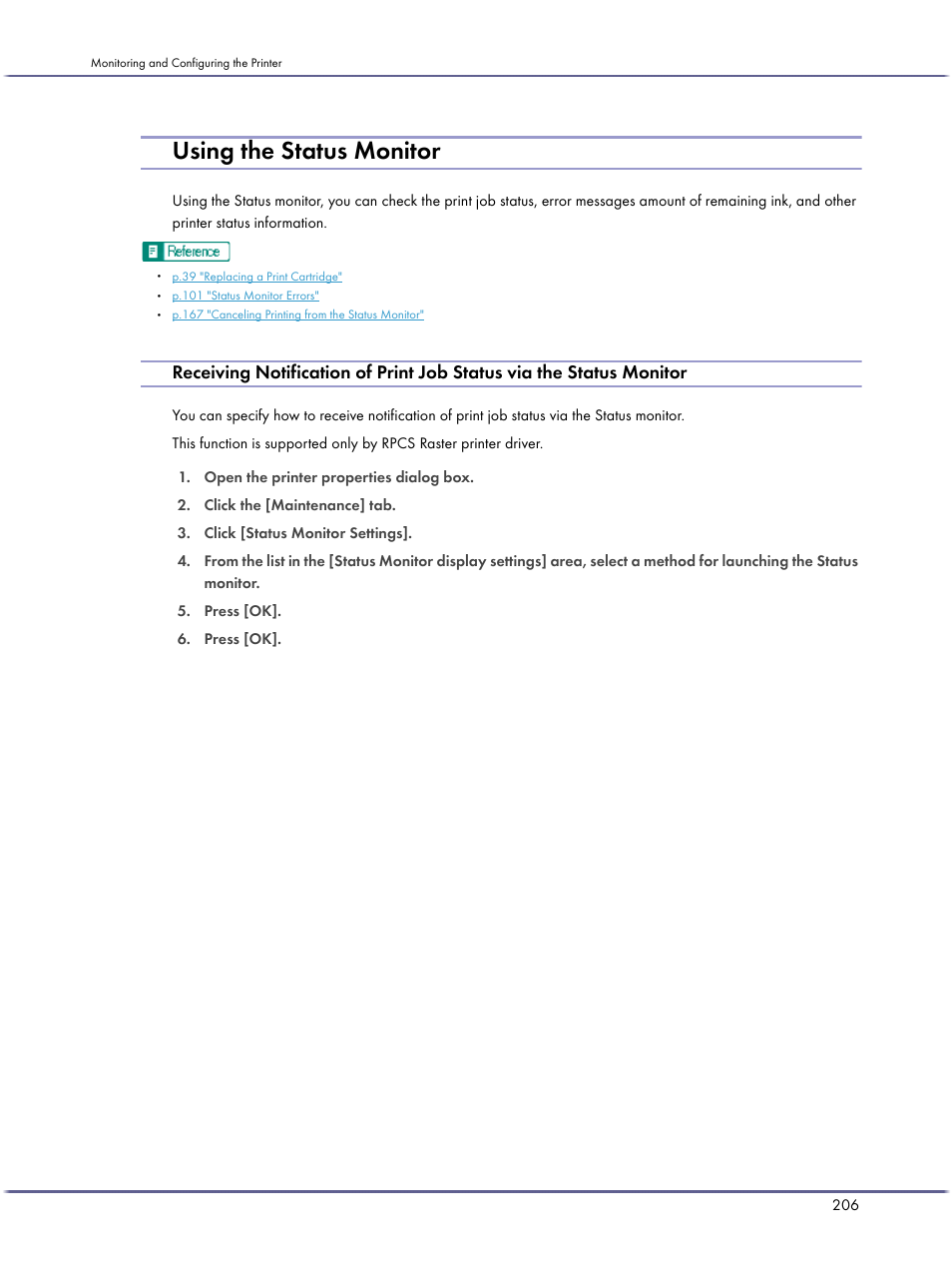 Using the status monitor | Ricoh BY1000 User Manual | Page 206 / 250