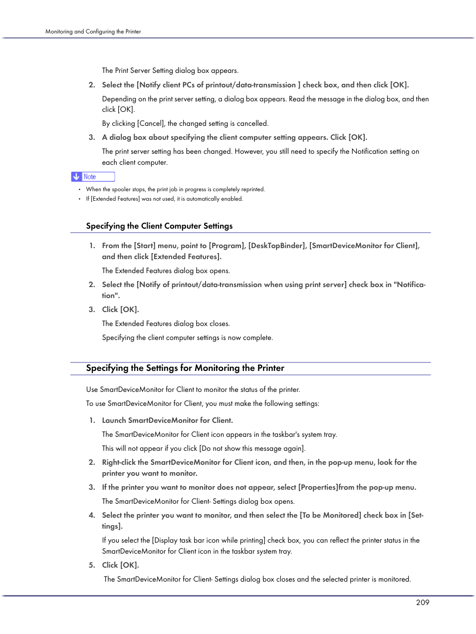 Specifying the client computer settings, Specifying the settings for monitoring the printer | Ricoh BY1000 User Manual | Page 209 / 250