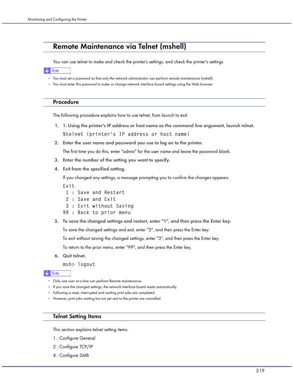 Remote maintenance via telnet (mshell), Procedure, Telnet setting items | Telnet, see, P.219 "telnet setting items | Ricoh BY1000 User Manual | Page 219 / 250