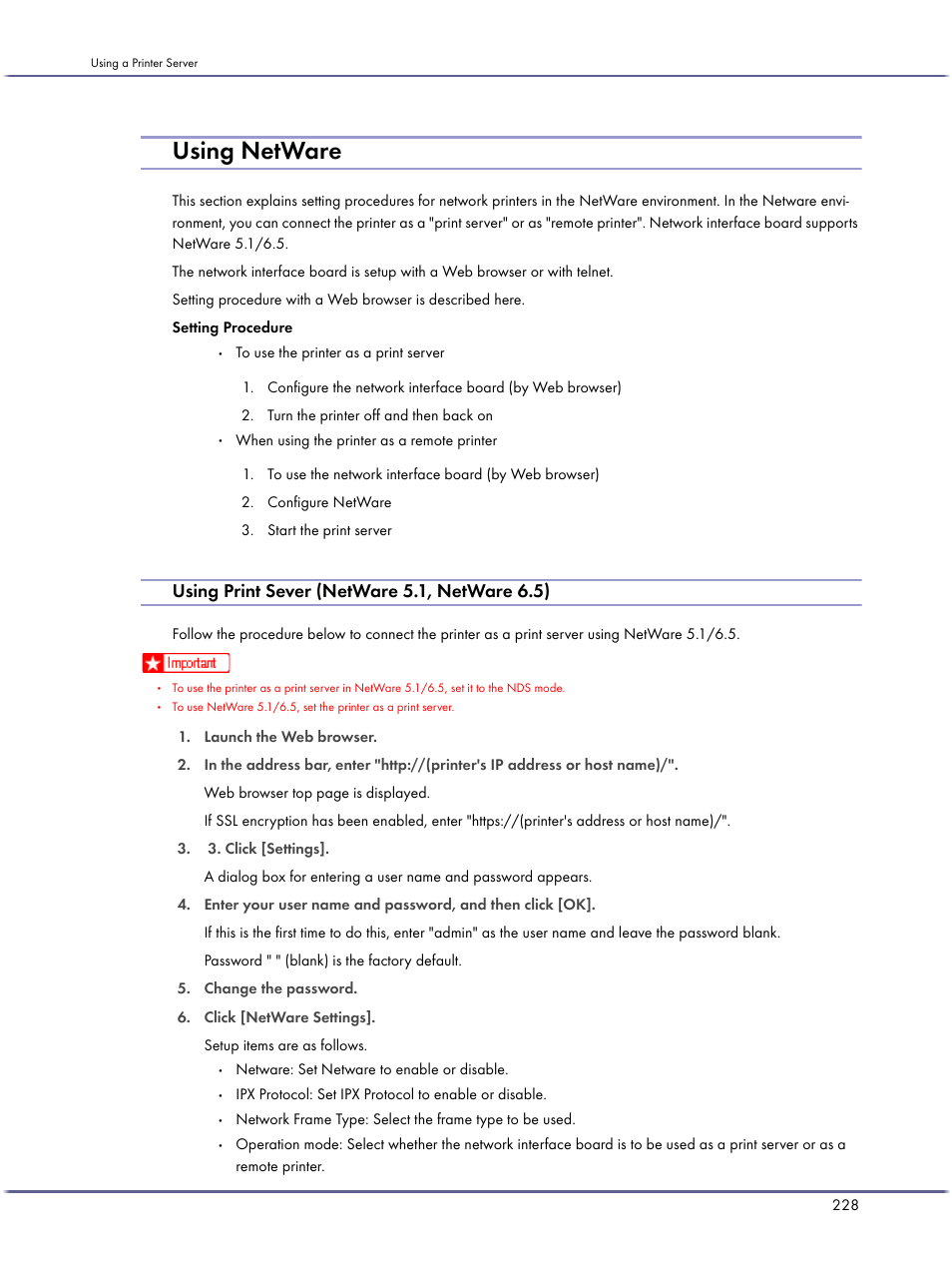 Using netware, Using print sever (netware 5.1, netware 6.5) | Ricoh BY1000 User Manual | Page 228 / 250