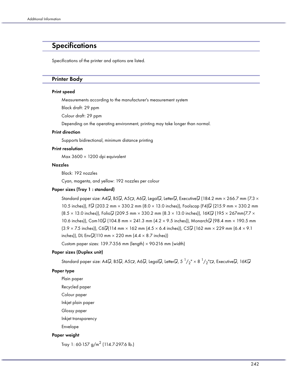 Specifications, Printer body | Ricoh BY1000 User Manual | Page 242 / 250