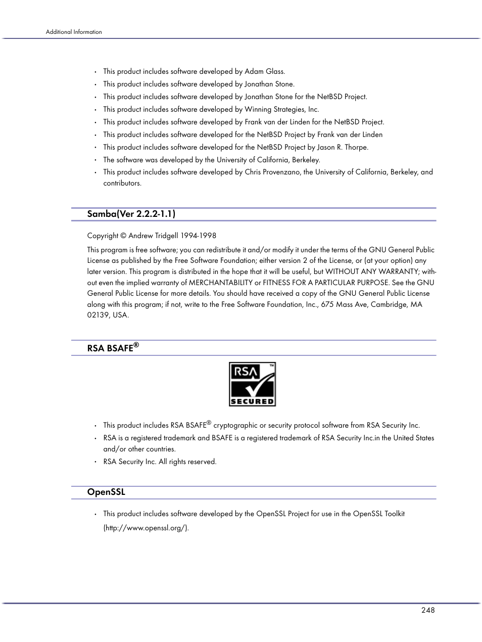Samba(ver 2.2.2-1.1), Rsa bsafe, Openssl | This product includes rsa bsafe, Rsa security inc. all rights reserved | Ricoh BY1000 User Manual | Page 248 / 250