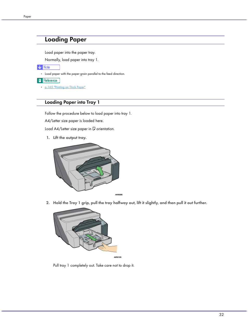 Loading paper, Loading paper into tray 1 | Ricoh BY1000 User Manual | Page 32 / 250