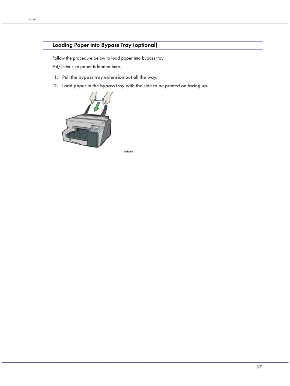 Loading paper into bypass tray (optional) | Ricoh BY1000 User Manual | Page 37 / 250