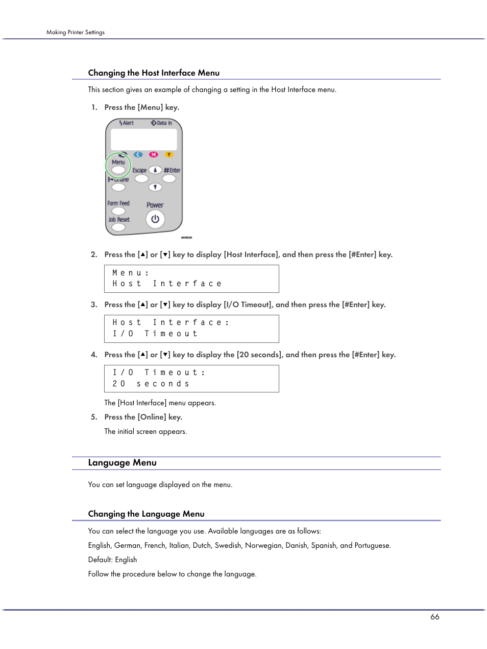 Changing the host interface menu, Language menu, Changing the language menu | Ricoh BY1000 User Manual | Page 66 / 250