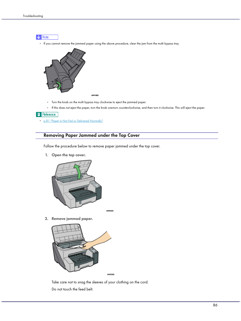 Removing paper jammed under the top cover | Ricoh BY1000 User Manual | Page 86 / 250
