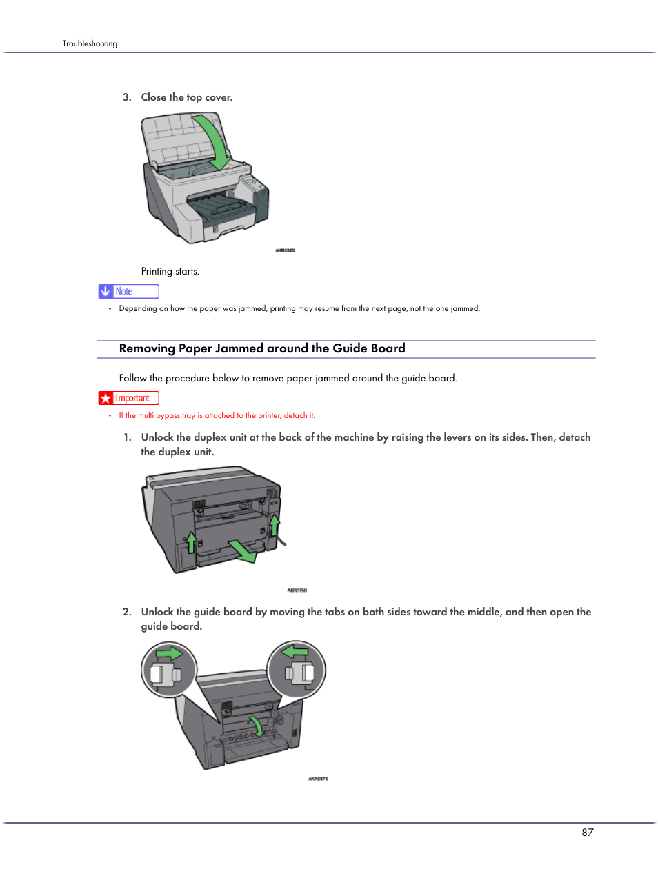Removing paper jammed around the guide board | Ricoh BY1000 User Manual | Page 87 / 250