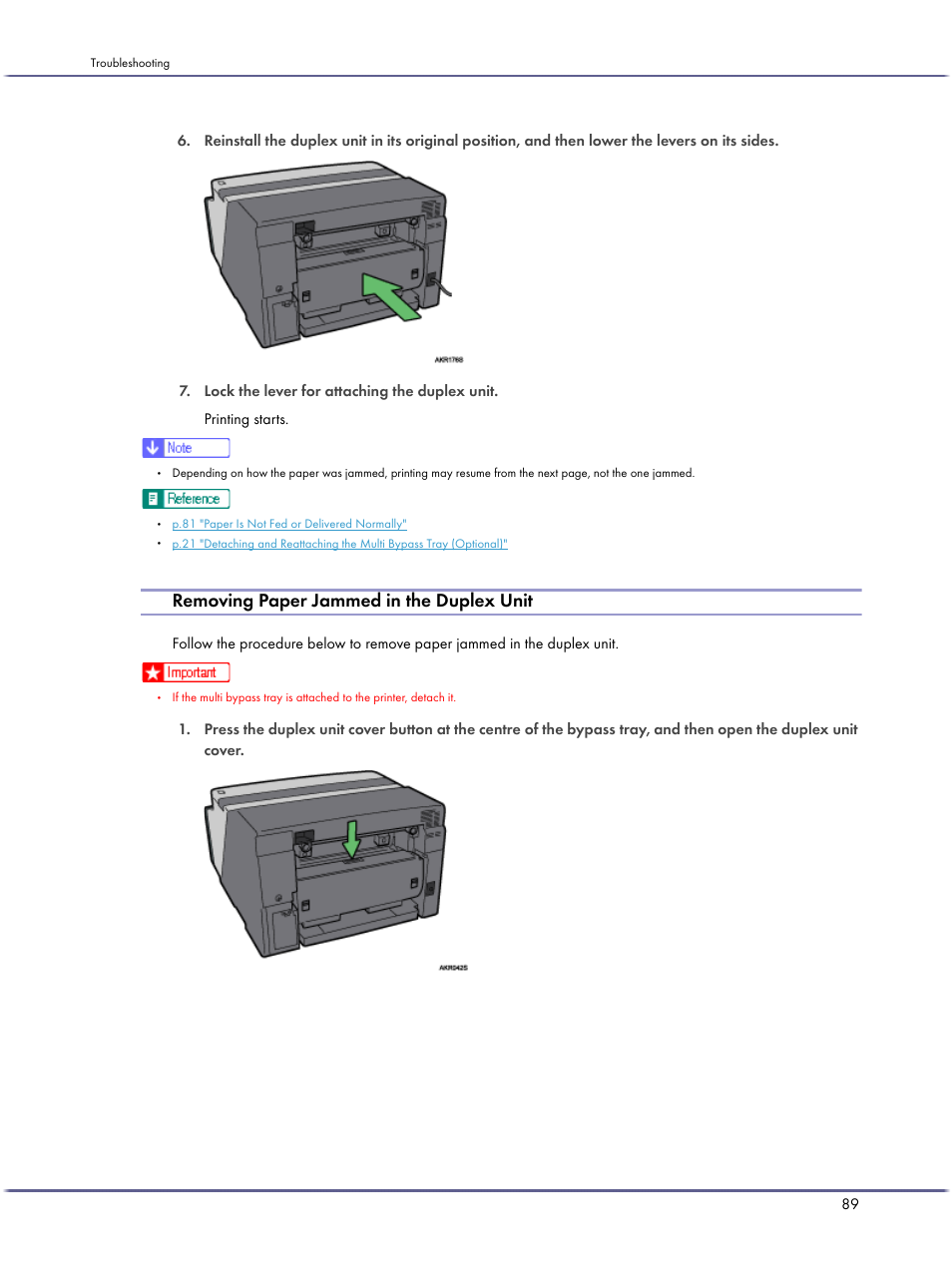Removing paper jammed in the duplex unit | Ricoh BY1000 User Manual | Page 89 / 250