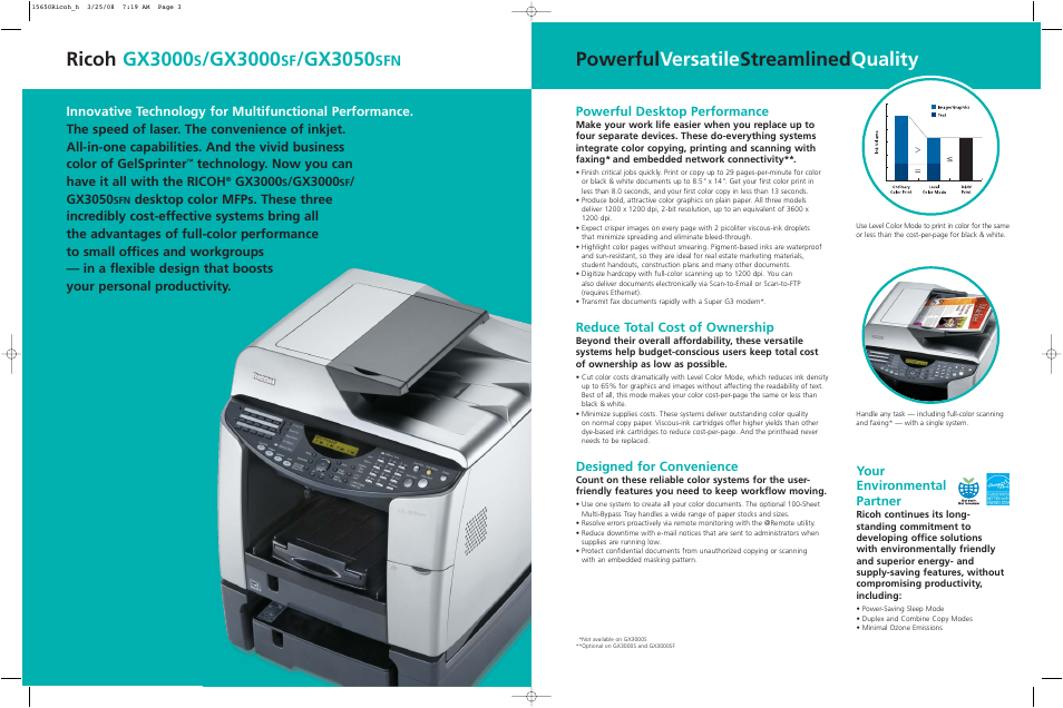 Ricoh gx3000, Gx3000, Gx3050 | Powerful versatile streamlined quality, Powerful desktop performance, Reduce total cost of ownership, Designed for convenience, Your environmental partner, Technology. now you can have it all with the ricoh | Ricoh Aficio GX3000S User Manual | Page 2 / 2