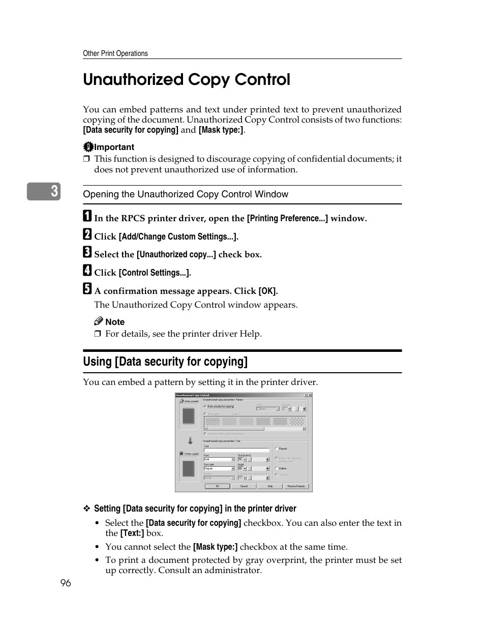 Unauthorized copy control, Using [data security for copying, 3unauthorized copy control | Ricoh 220-240 V User Manual | Page 106 / 370