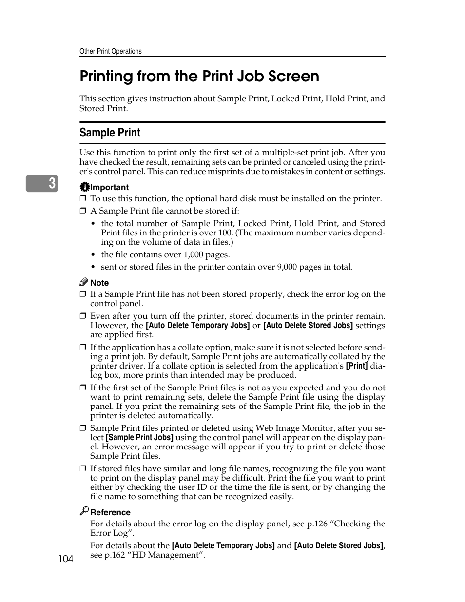 Printing from the print job screen, Sample print, P.104 “sample print | 3printing from the print job screen | Ricoh 220-240 V User Manual | Page 114 / 370