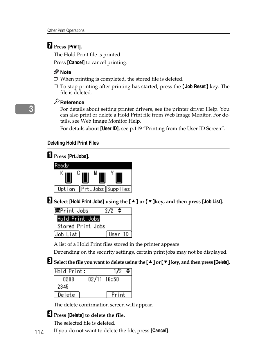 Deleting hold print files | Ricoh 220-240 V User Manual | Page 124 / 370