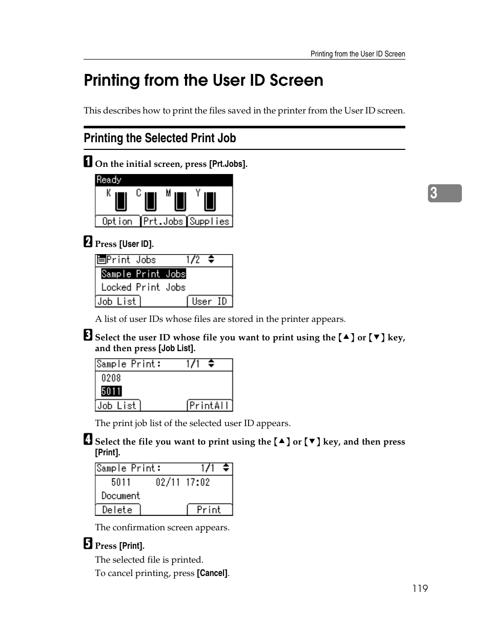 Printing from the user id screen, Printing the selected print job, 3printing from the user id screen | Ricoh 220-240 V User Manual | Page 129 / 370