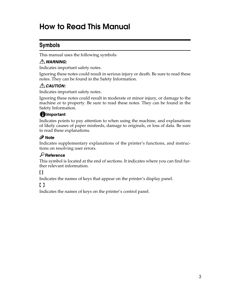 How to read this manual, Symbols | Ricoh 220-240 V User Manual | Page 13 / 370