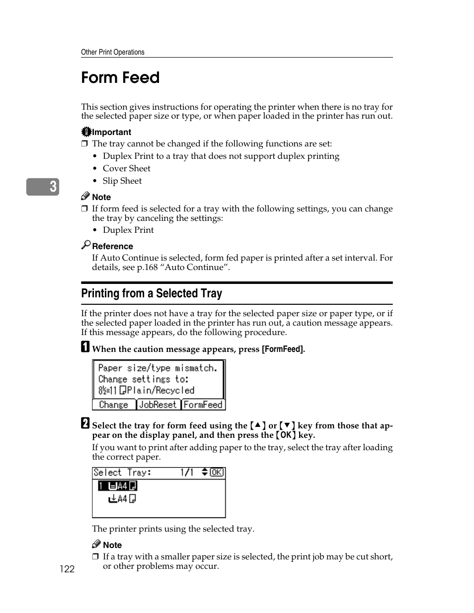 Form feed, Printing from a selected tray, 3form feed | Ricoh 220-240 V User Manual | Page 132 / 370