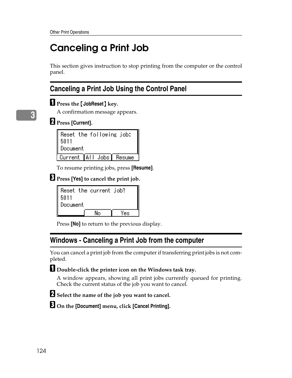 Canceling a print job, Canceling a print job using the control panel, Windows - canceling a print job from the computer | 3canceling a print job | Ricoh 220-240 V User Manual | Page 134 / 370