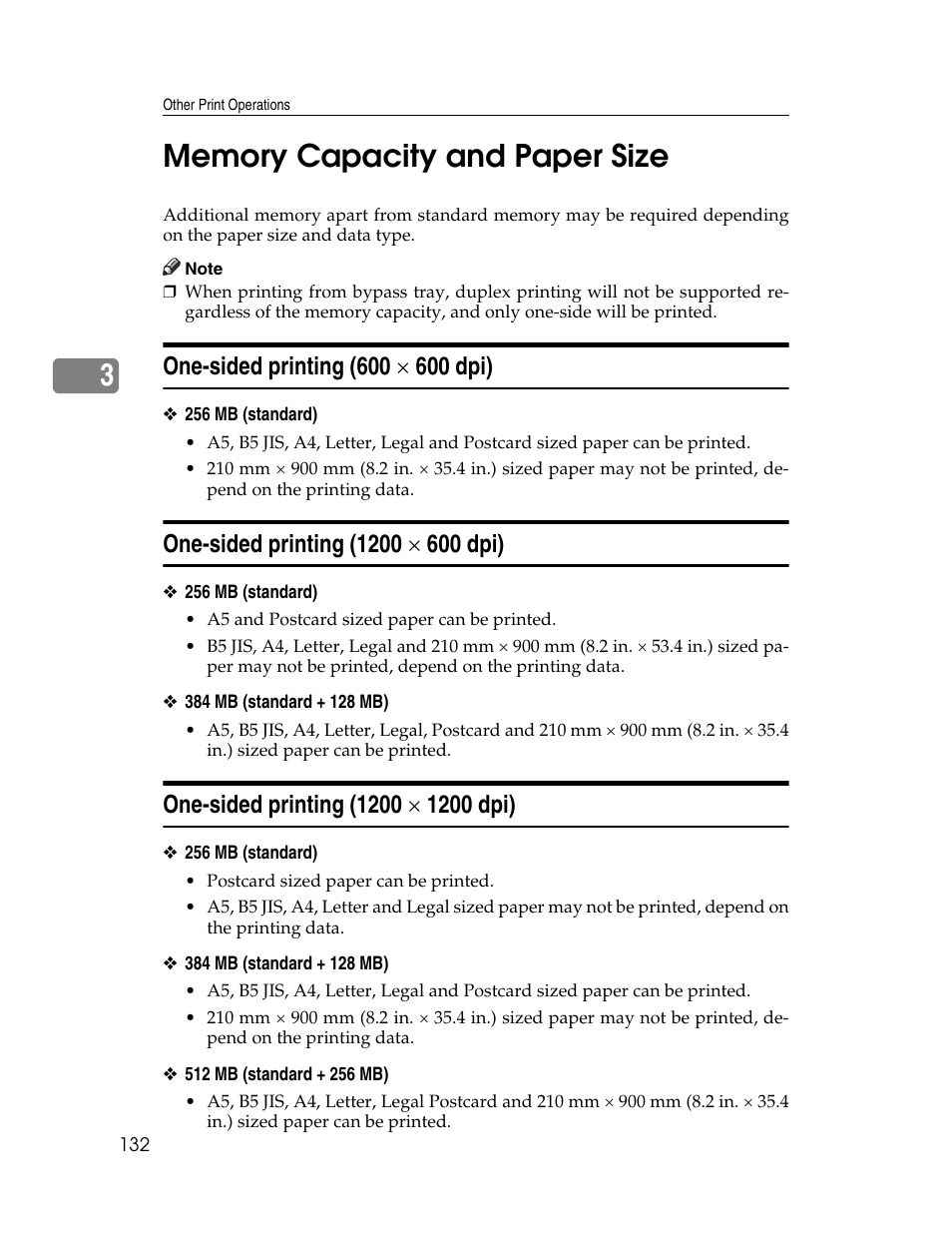 Memory capacity and paper size, One-sided printing (600 x 600 dpi), One-sided printing (1200 x 600 dpi) | One-sided printing (1200 x 1200 dpi), One-sided printing (600, 600 dpi), One-sided printing (1200, 1200 dpi) | Ricoh 220-240 V User Manual | Page 142 / 370