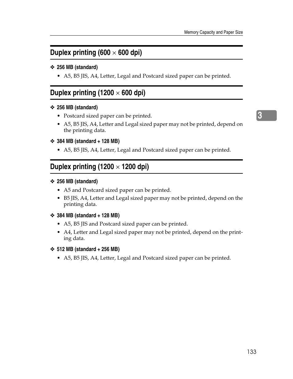 Duplex printing (600 x 600 dpi), Duplex printing (1200 x 600 dpi), Duplex printing (1200 x 1200 dpi) | Duplex printing (600, 600 dpi), Duplex printing (1200, 1200 dpi) | Ricoh 220-240 V User Manual | Page 143 / 370