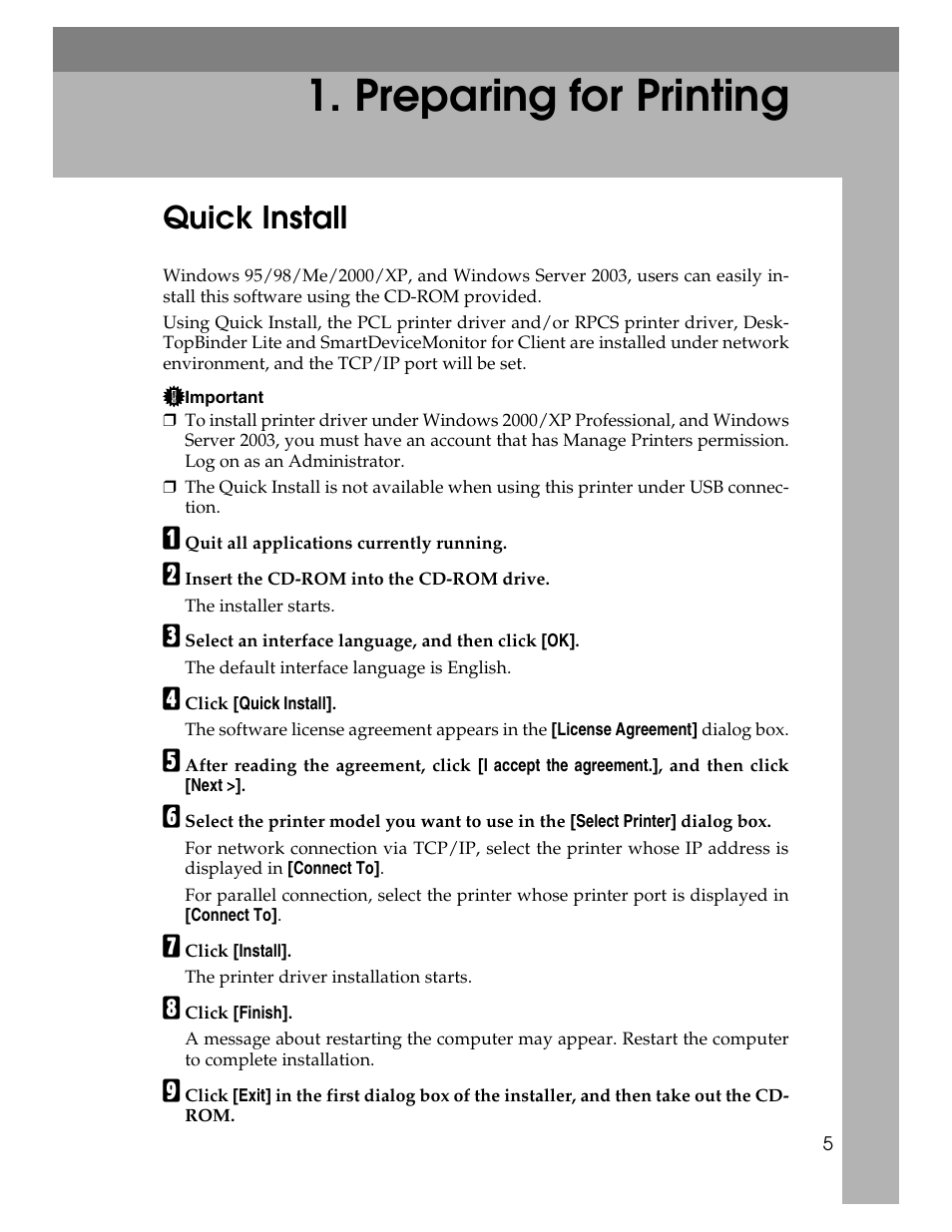 Preparing for printing, Quick install | Ricoh 220-240 V User Manual | Page 15 / 370