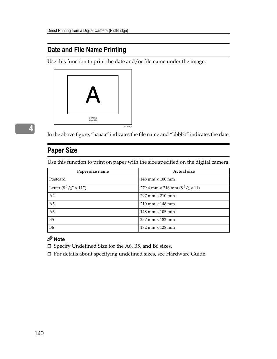 Date and file name printing, Paper size, Date and file name printing paper size | Ricoh 220-240 V User Manual | Page 150 / 370