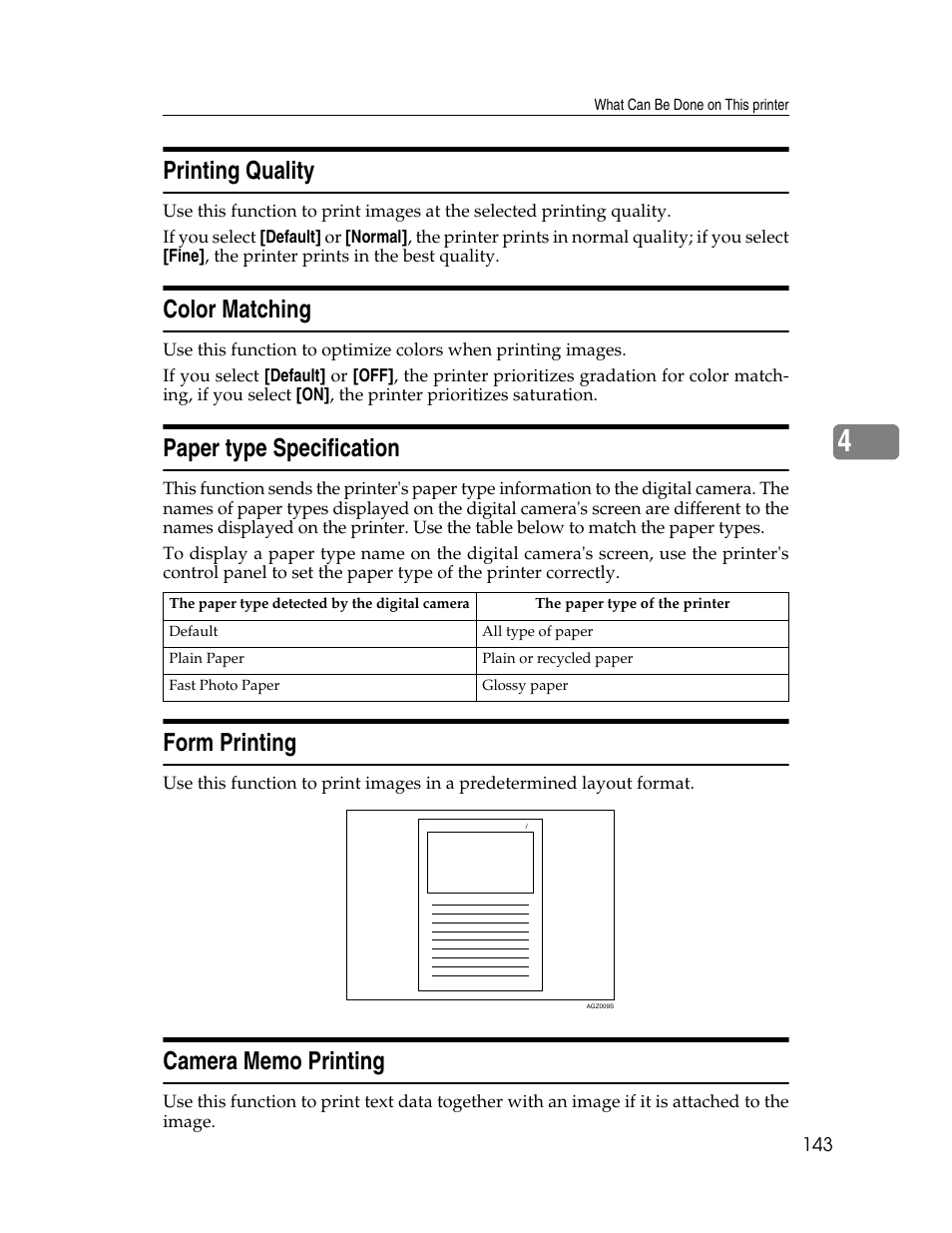 Printing quality, Color matching, Paper type specification | Form printing, Camera memo printing | Ricoh 220-240 V User Manual | Page 153 / 370