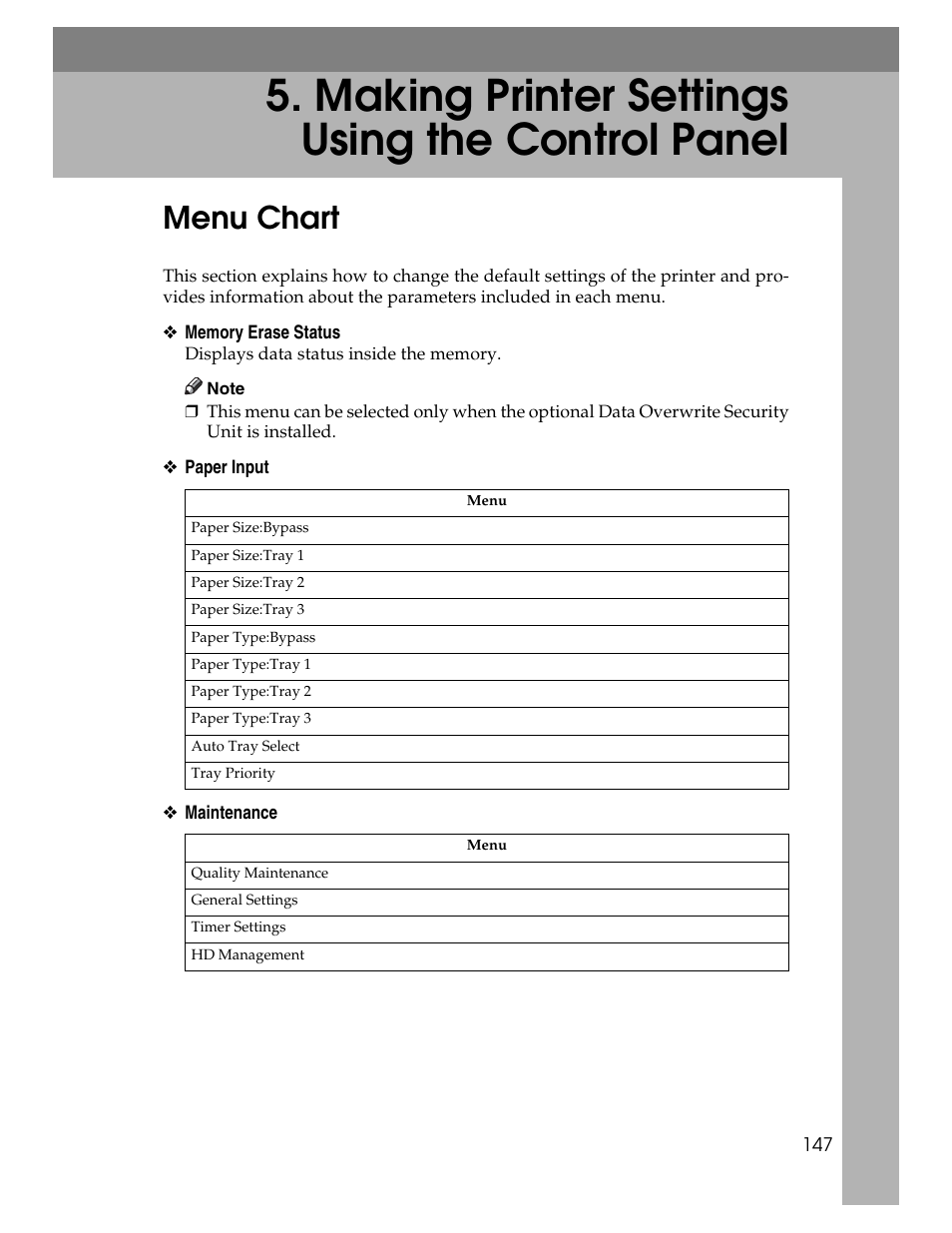 Making printer settings using the control panel, Menu chart | Ricoh 220-240 V User Manual | Page 157 / 370