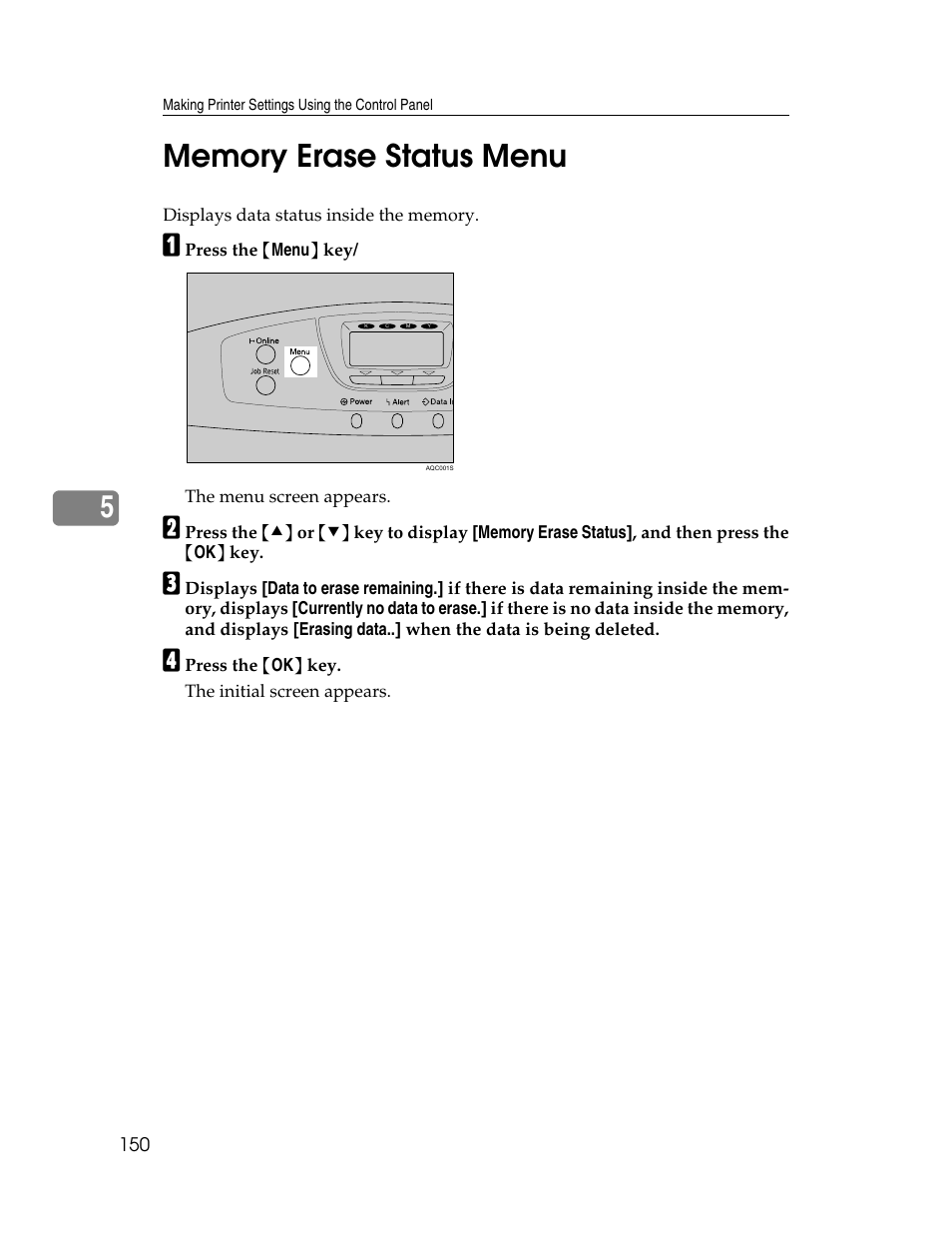 Memory erase status, Memory erase status menu | Ricoh 220-240 V User Manual | Page 160 / 370