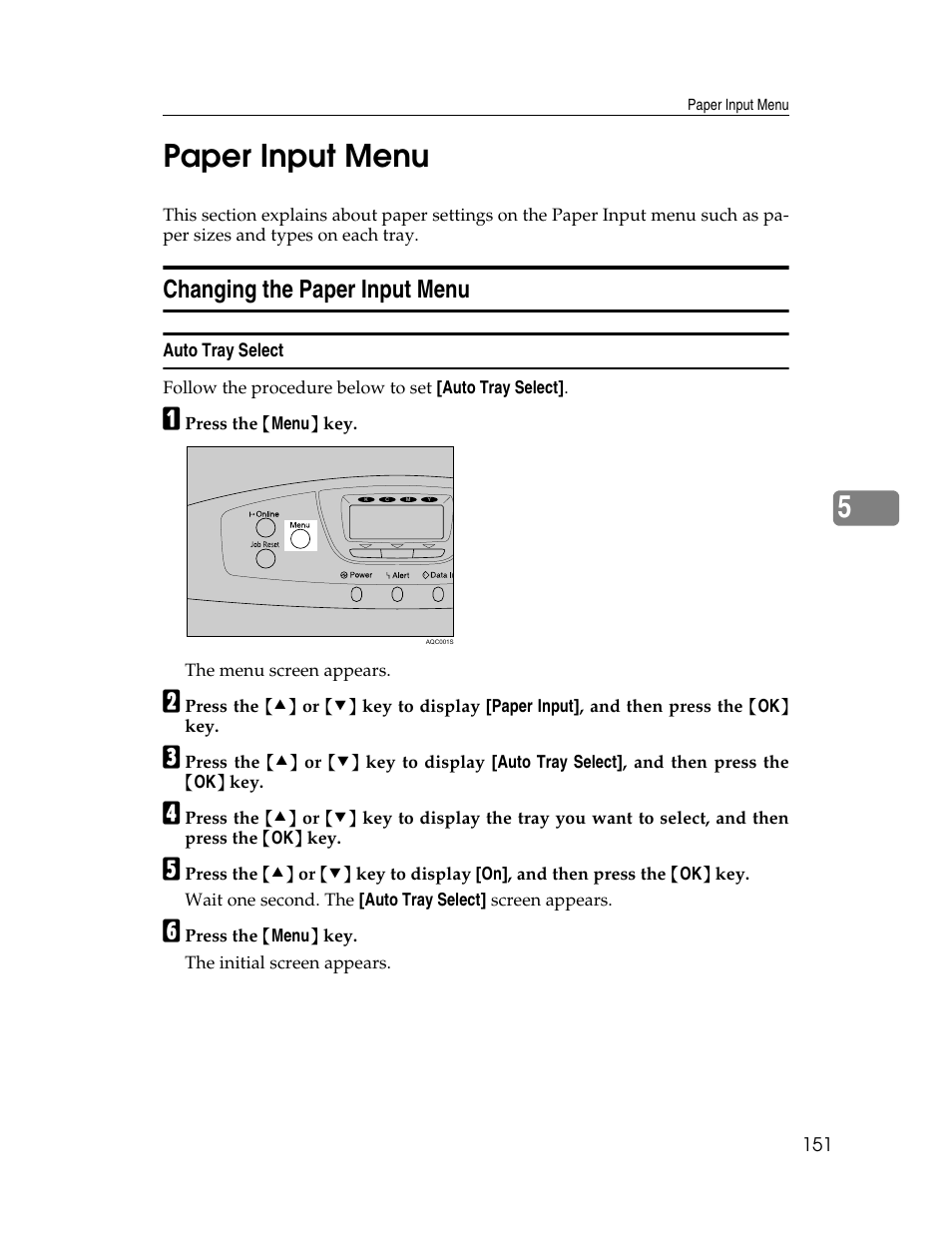 Paper input menu, Changing the paper input menu, Auto tray select | 5paper input menu | Ricoh 220-240 V User Manual | Page 161 / 370