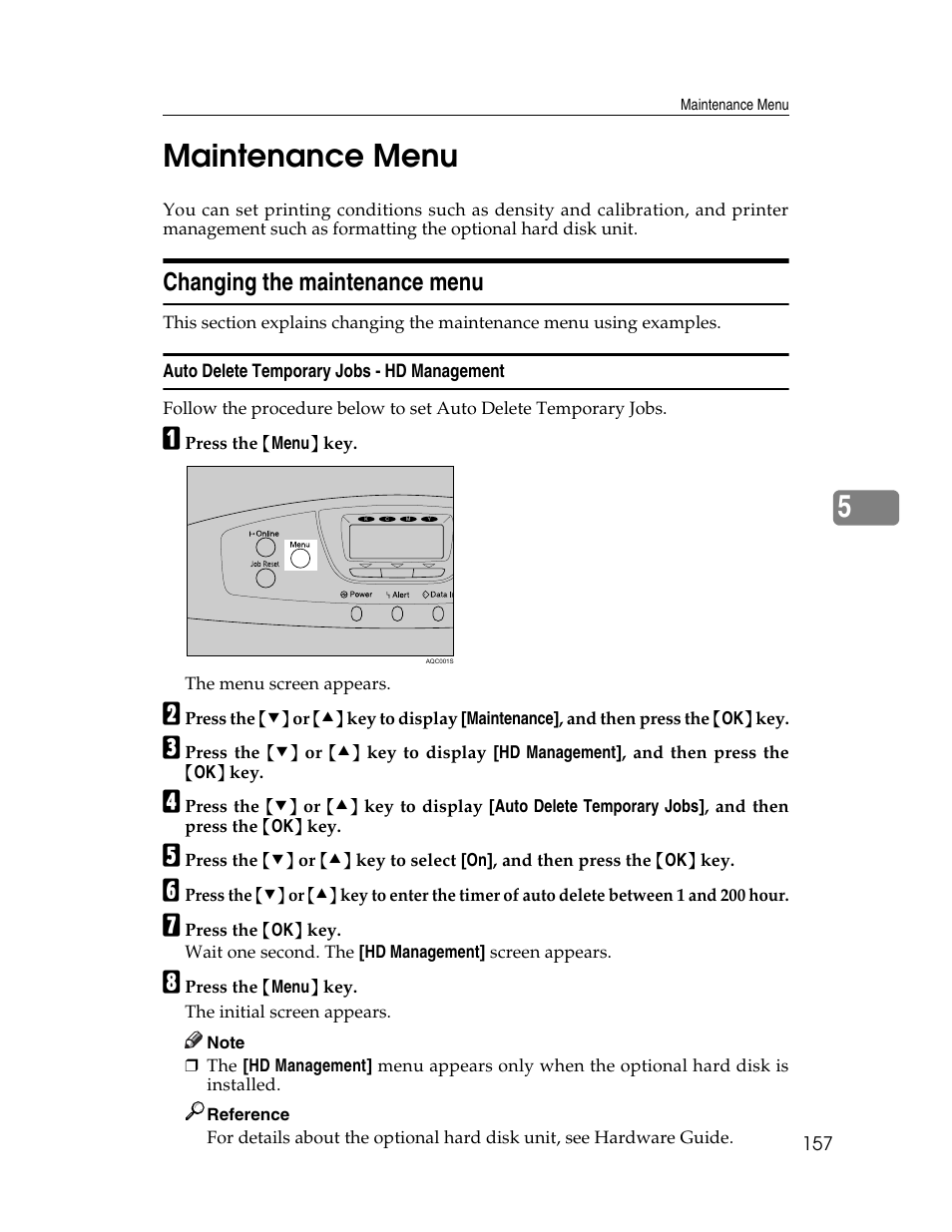 Maintenance menu, Changing the maintenance menu, Auto delete temporary jobs | 5maintenance menu | Ricoh 220-240 V User Manual | Page 167 / 370