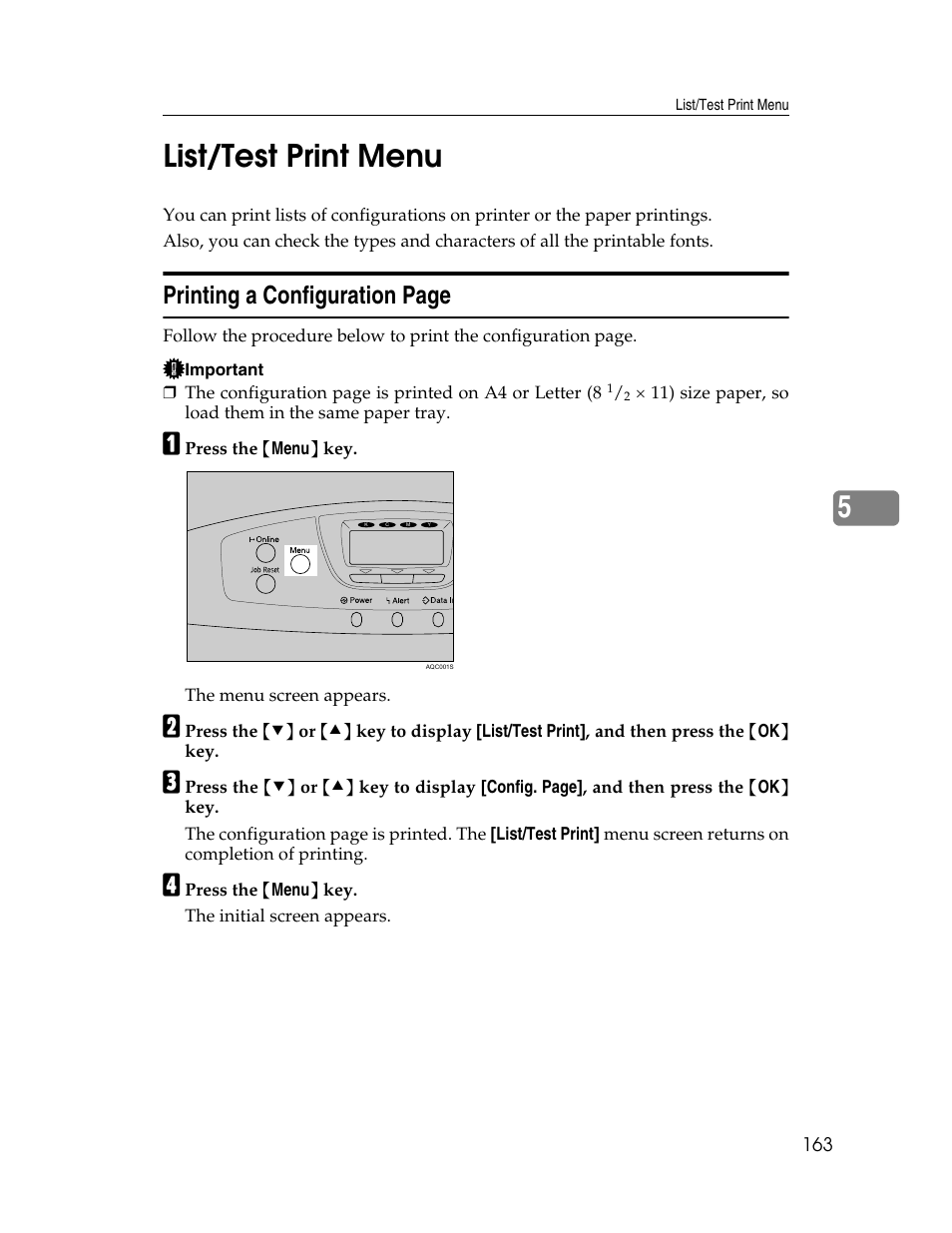 List/test print menu, 5list/test print menu, Printing a configuration page | Ricoh 220-240 V User Manual | Page 173 / 370