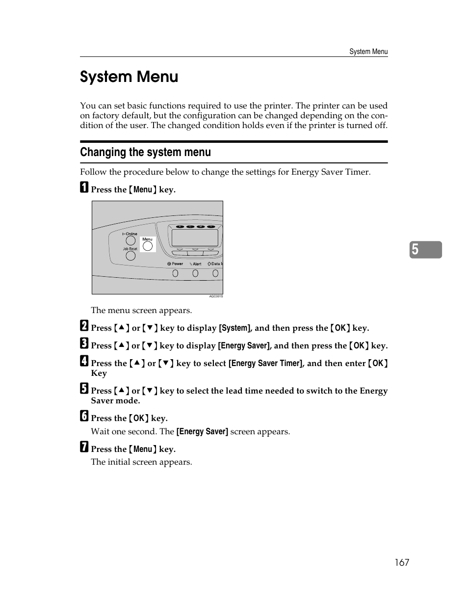 System menu, Changing the system menu, 5system menu | Ricoh 220-240 V User Manual | Page 177 / 370