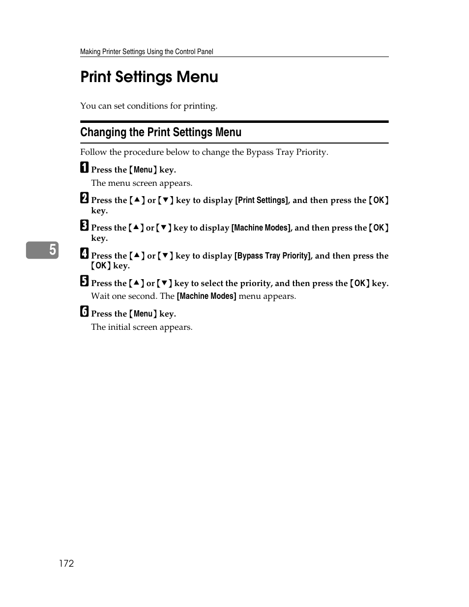 Print settings menu, Changing the print settings menu, 5print settings menu | Ricoh 220-240 V User Manual | Page 182 / 370