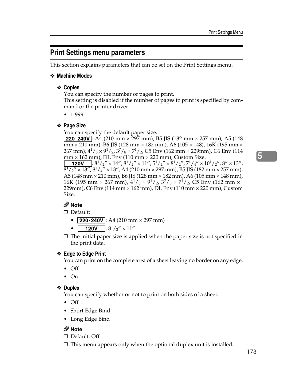 Print settings menu parameters | Ricoh 220-240 V User Manual | Page 183 / 370