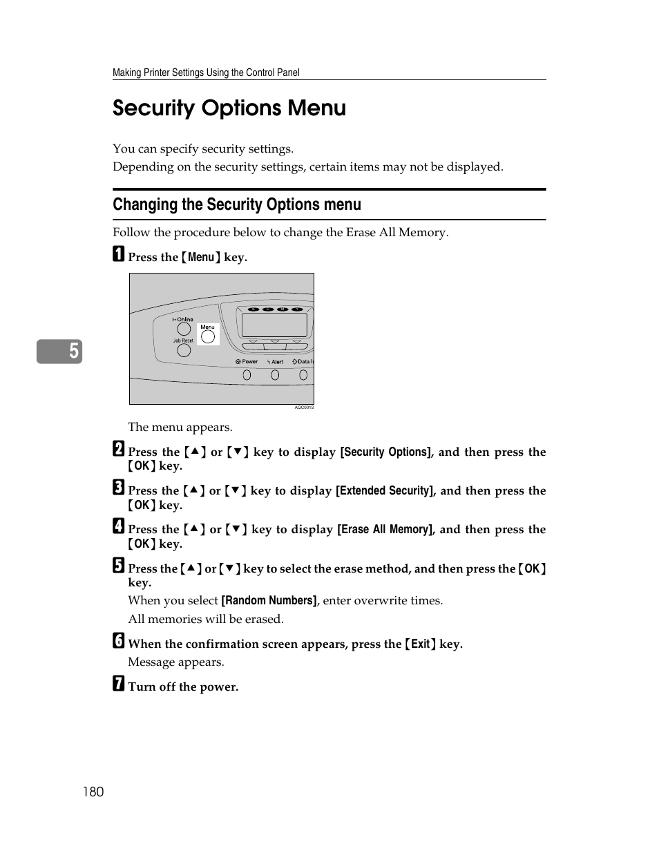 Security options menu, Changing the security options menu, 5security options menu | Ricoh 220-240 V User Manual | Page 190 / 370