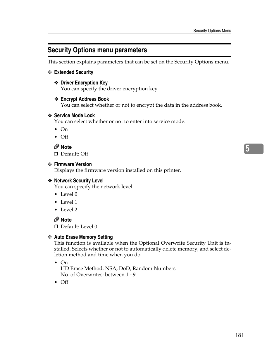 Security options menu parameters | Ricoh 220-240 V User Manual | Page 191 / 370