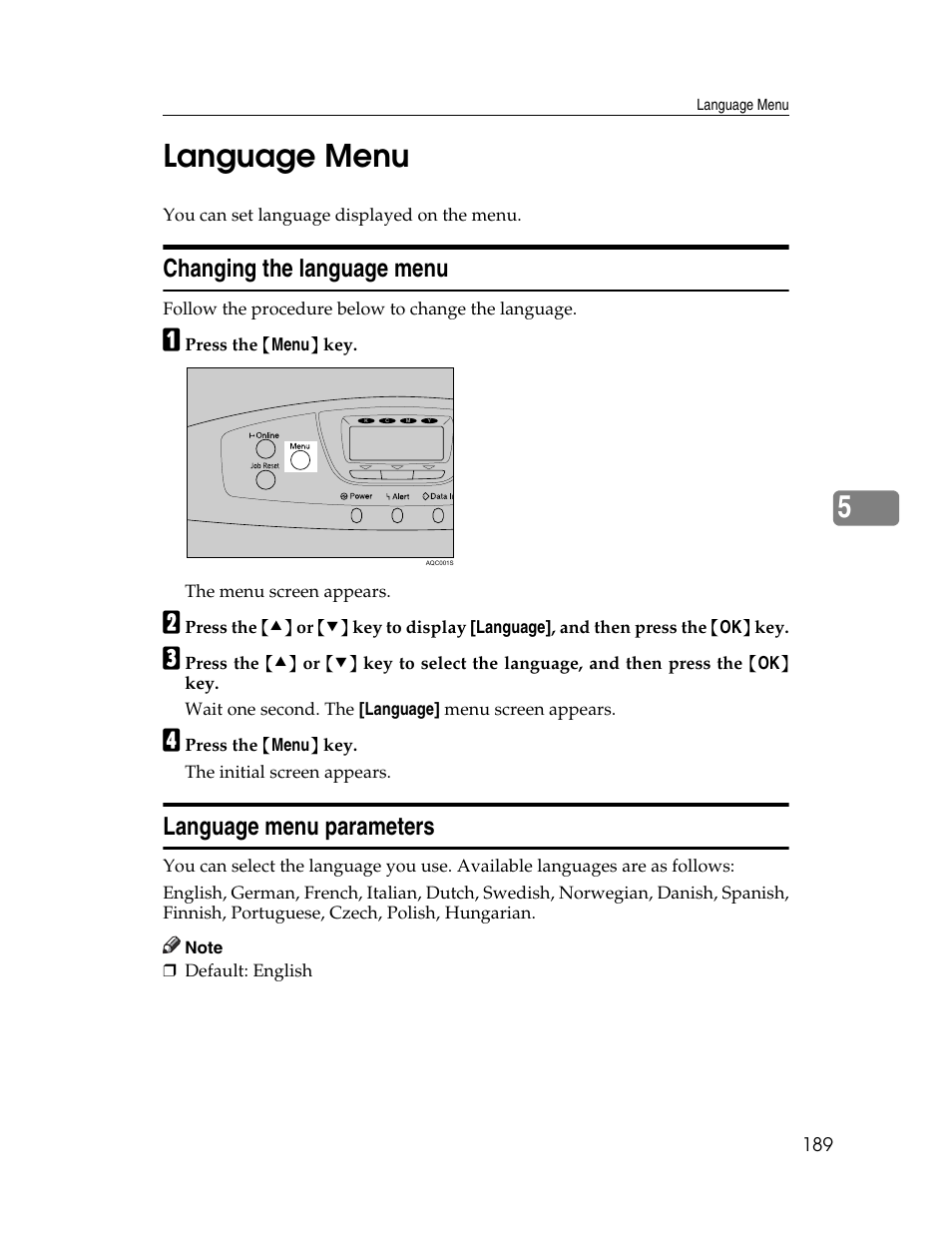 Language menu, Changing the language menu, Language menu parameters | 5language menu | Ricoh 220-240 V User Manual | Page 199 / 370