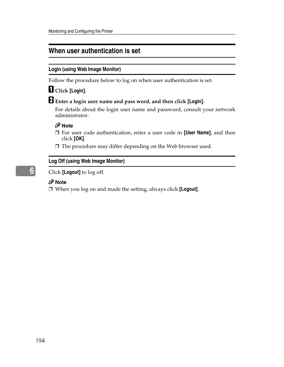 When user authentication is set, Login (using web image monitor), Log off (using web image monitor) | Ricoh 220-240 V User Manual | Page 204 / 370