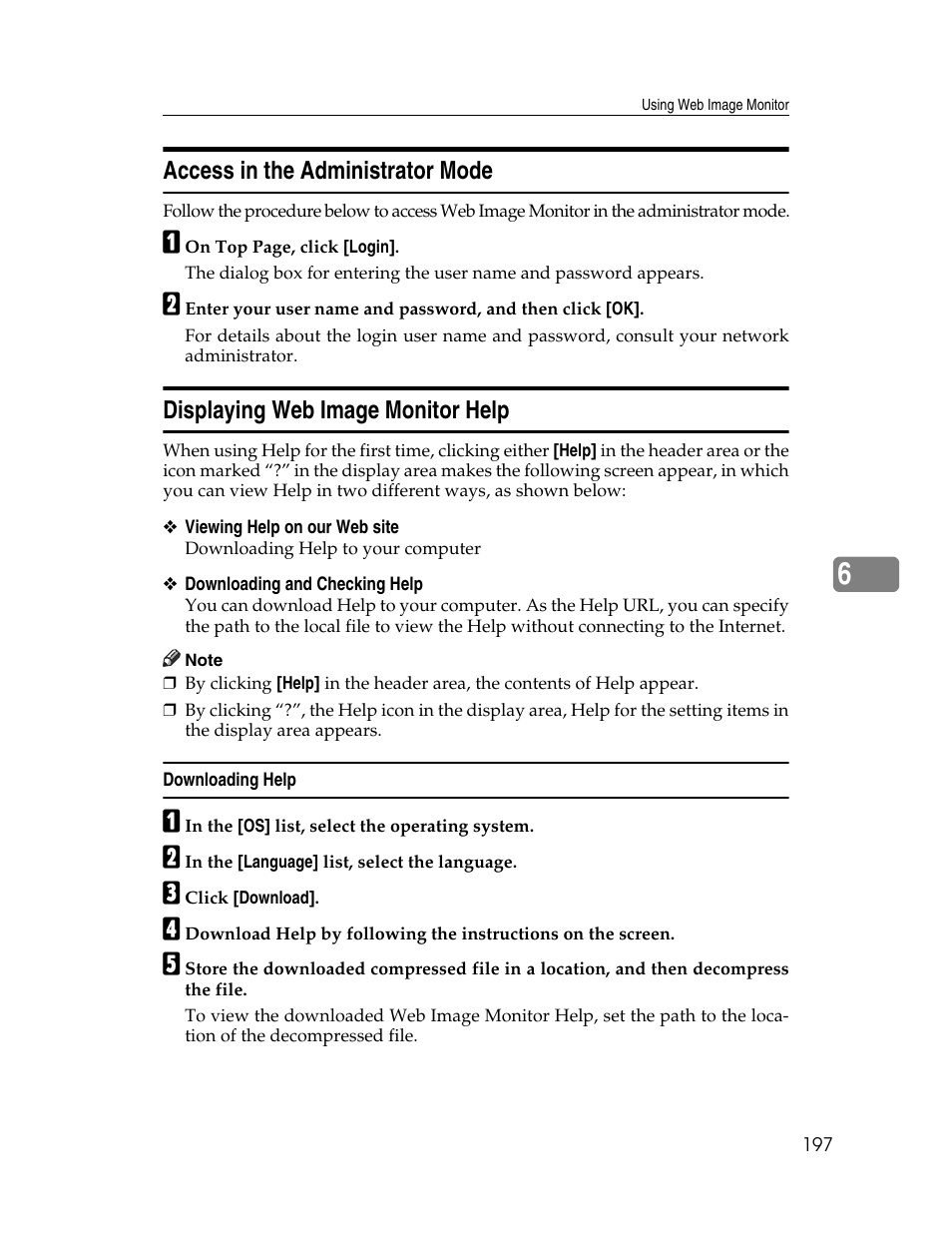 Access in the administrator mode, Displaying web image monitor help, Downloading help | Ricoh 220-240 V User Manual | Page 207 / 370