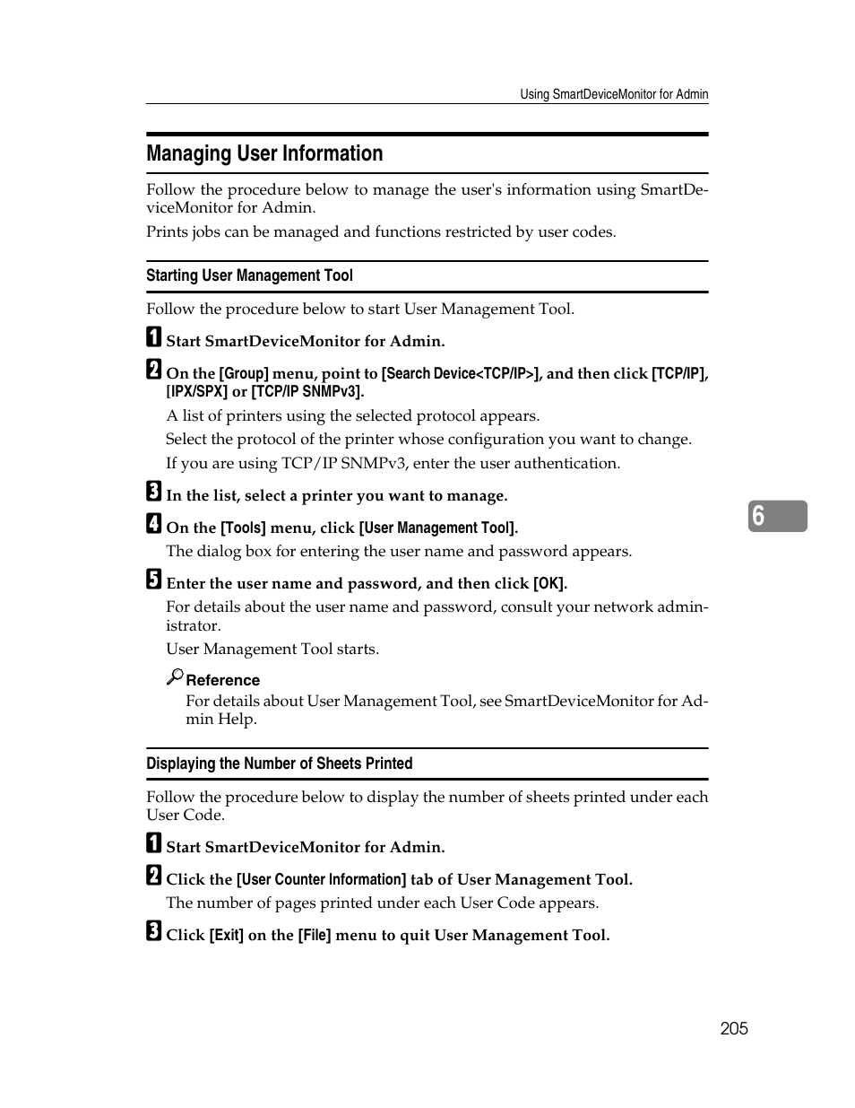 Managing user information, Starting user management tool, Displaying the number of sheets printed | Ricoh 220-240 V User Manual | Page 215 / 370