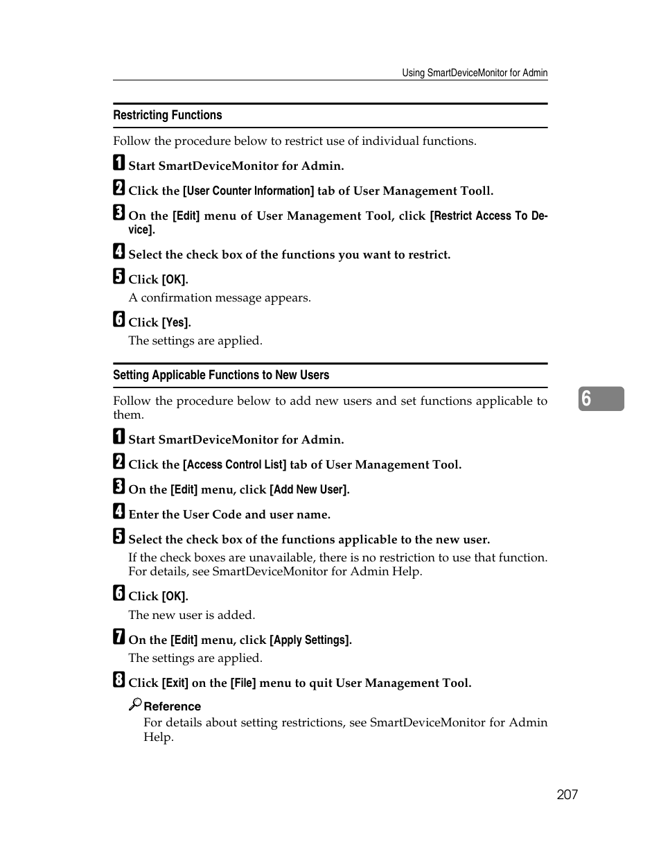 Restricting functions, Setting applicable functions to new users | Ricoh 220-240 V User Manual | Page 217 / 370