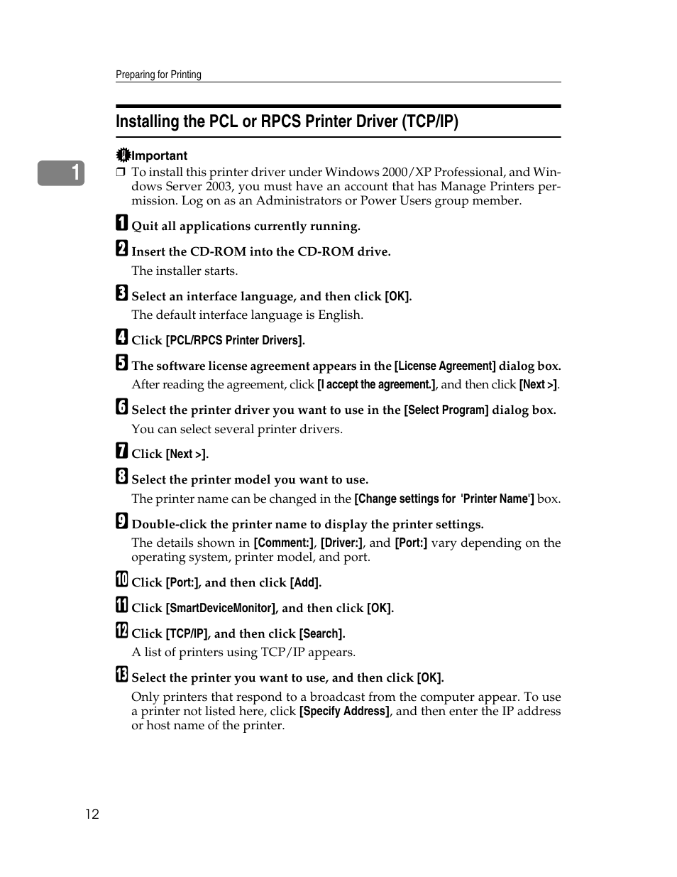 Installing the pcl or rpcs printer driver (tcp/ip) | Ricoh 220-240 V User Manual | Page 22 / 370