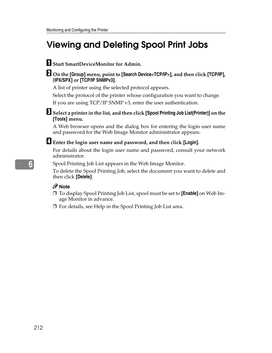 Viewing and deleting spool print jobs, 6viewing and deleting spool print jobs | Ricoh 220-240 V User Manual | Page 222 / 370