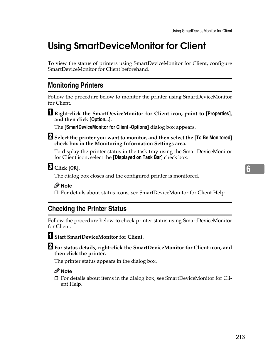 Using smartdevicemonitor for client, Monitoring printers, Checking the printer status | Monitoring printers checking the printer status, 6using smartdevicemonitor for client | Ricoh 220-240 V User Manual | Page 223 / 370