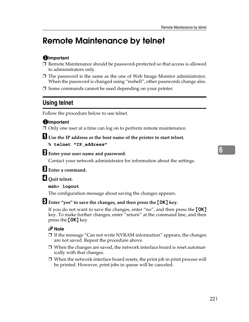 Remote maintenance by telnet, Using telnet, 6remote maintenance by telnet | Ricoh 220-240 V User Manual | Page 231 / 370