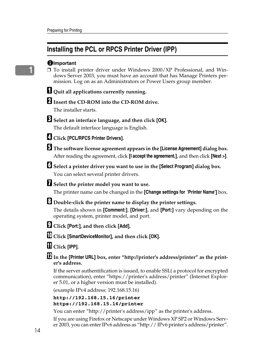 Installing the pcl or rpcs printer driver (ipp) | Ricoh 220-240 V User Manual | Page 24 / 370