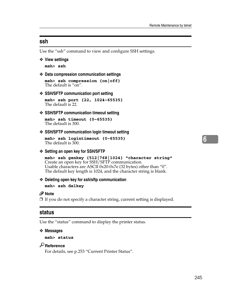 Status, Ssh status | Ricoh 220-240 V User Manual | Page 255 / 370