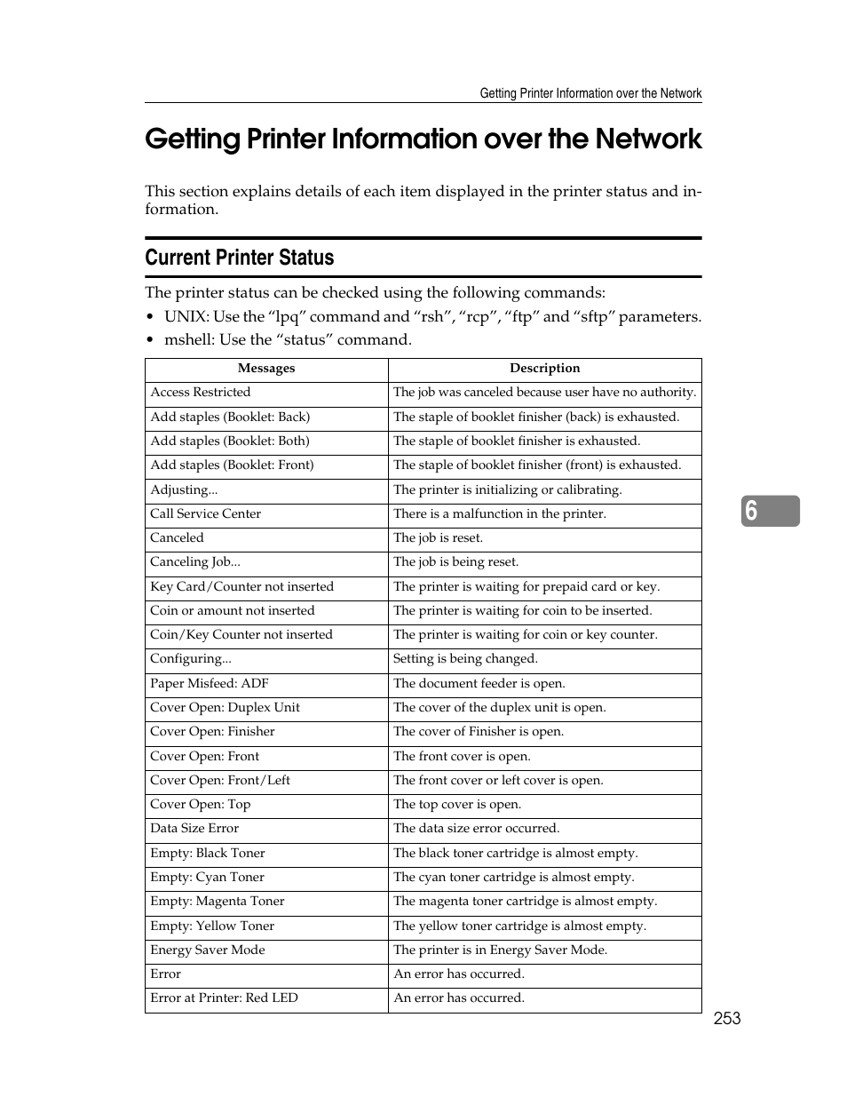 Getting printer information over the network, Current printer status, 6getting printer information over the network | Ricoh 220-240 V User Manual | Page 263 / 370