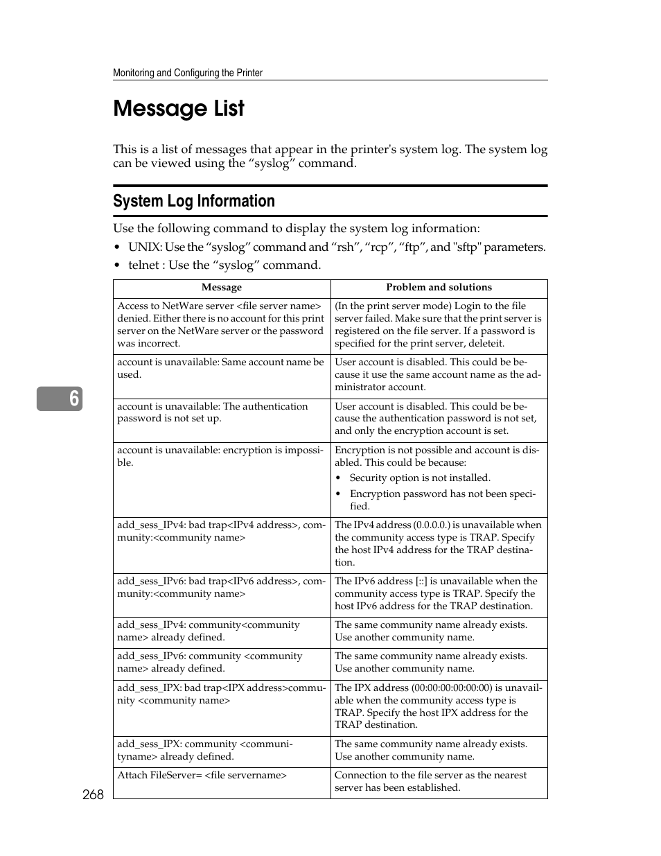 Message list, System log information, 6message list | Ricoh 220-240 V User Manual | Page 278 / 370