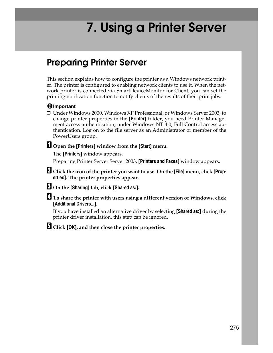 Using a printer server, Preparing printer server | Ricoh 220-240 V User Manual | Page 285 / 370