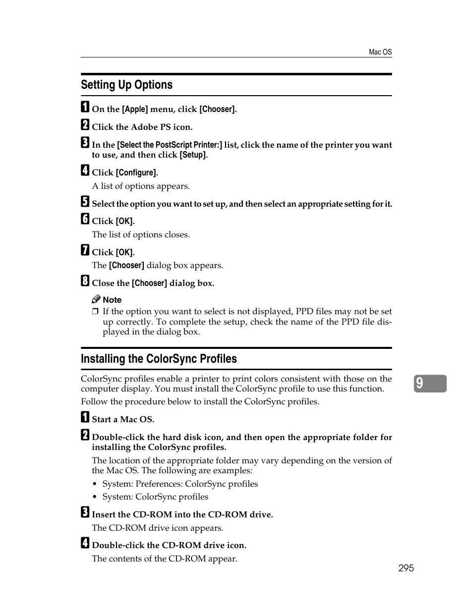 Setting up options, Installing the colorsync profiles | Ricoh 220-240 V User Manual | Page 305 / 370